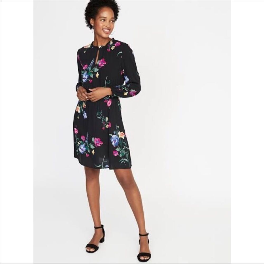 OLD NAVY Long Sleeve Floral‎ Print Dress Knee Length V-Neck Black Pink Large New